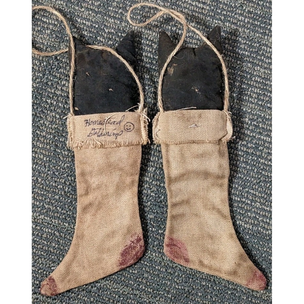 Pair Of Primitive Style Black Cat Christmas Stockings American Country Handmade - Picture 2 of 4